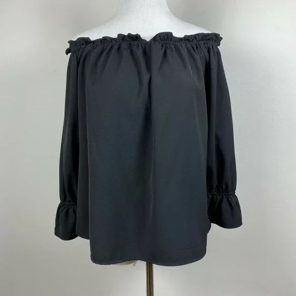 Lulus Top S Off The Shoulder Black Ruffle 3/4‎ Sleeve Solid Dressy Blouse - Picture 10 of 10